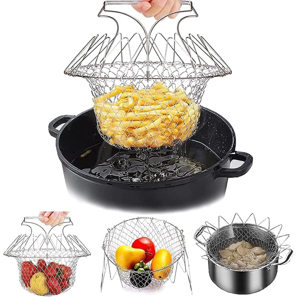 Foldable Stainless Steel Deep Frying Basket – Multifunctional Kitchen Strainer & Drainage Rack