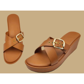 Plain 3 Inch Women Cross Strap Brown Wedges, Wedge Sandal