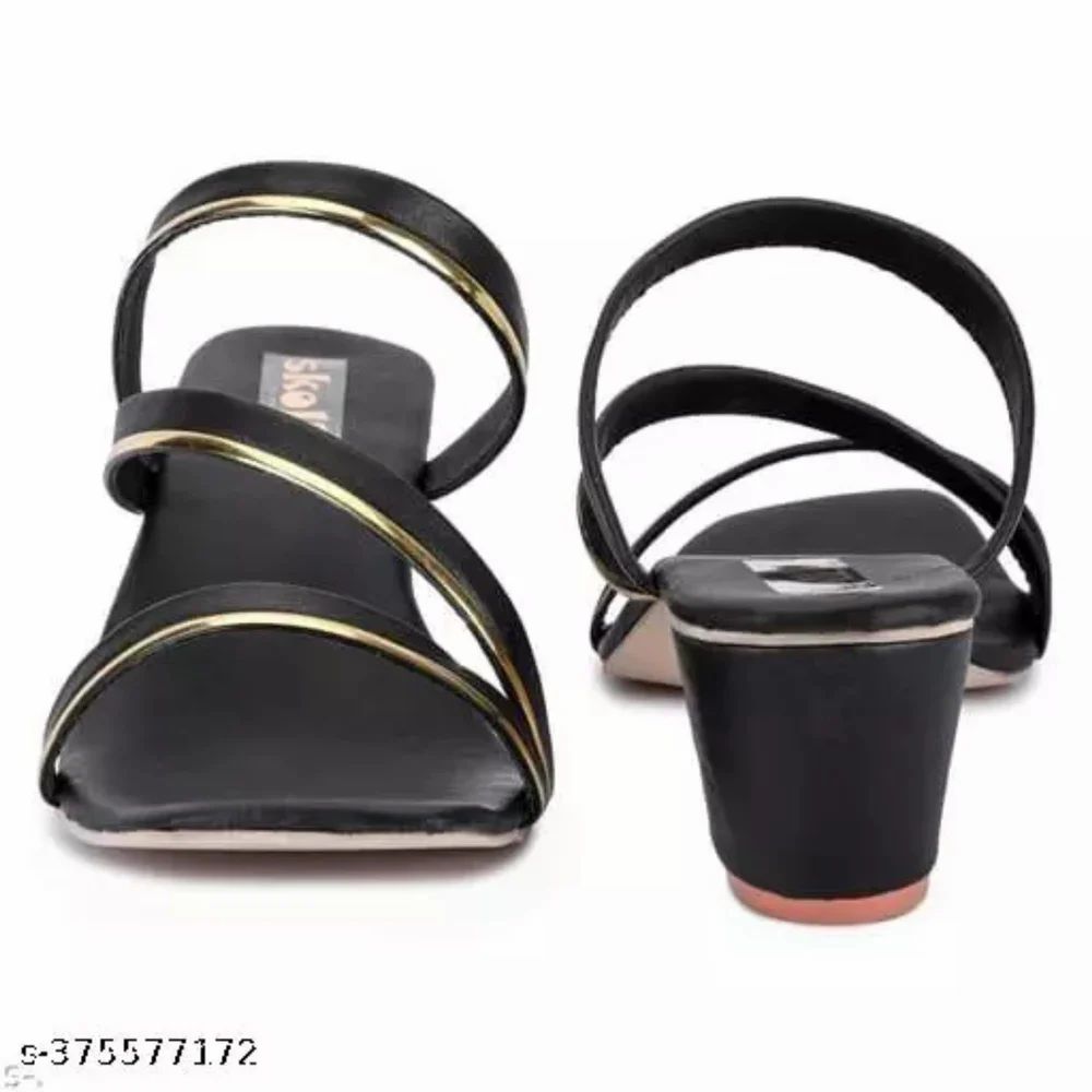Plain PU Skoll Women Black Heel Sandal