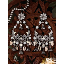 CHANDRAMAYURA- MOON-PEACOCK EARRINGS- OXIDIZED CHAANDBAALI EARRINGS, ADORNED WITH MIRRORS, GHUNGHROOS, COWRIE SHELLS, AND DANGLING JHUMKA