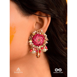 GULRATNA - JEWEL OF ROSES - HANDCRAFTED ROSE EARRINGS WITH BEADED FRINGES, PEARLS AND GEM DETAILS