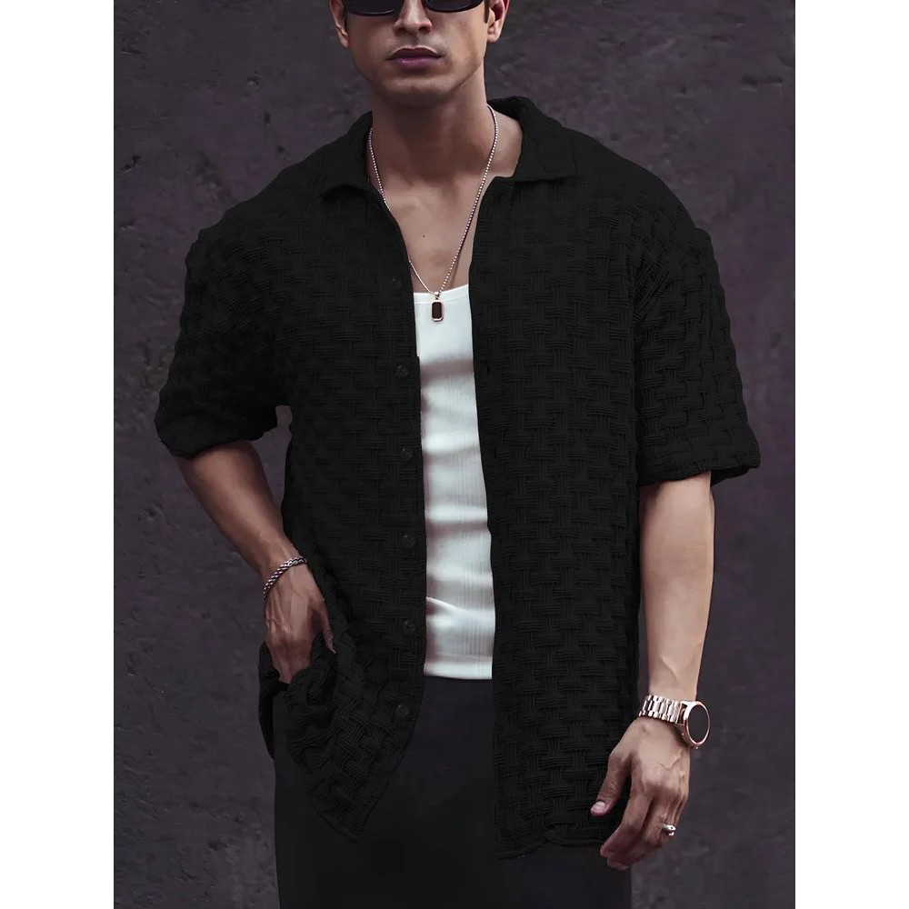 Stylish Black Cotton Blend Solid Three-Quarter Sleeves Casual Shirt For Men