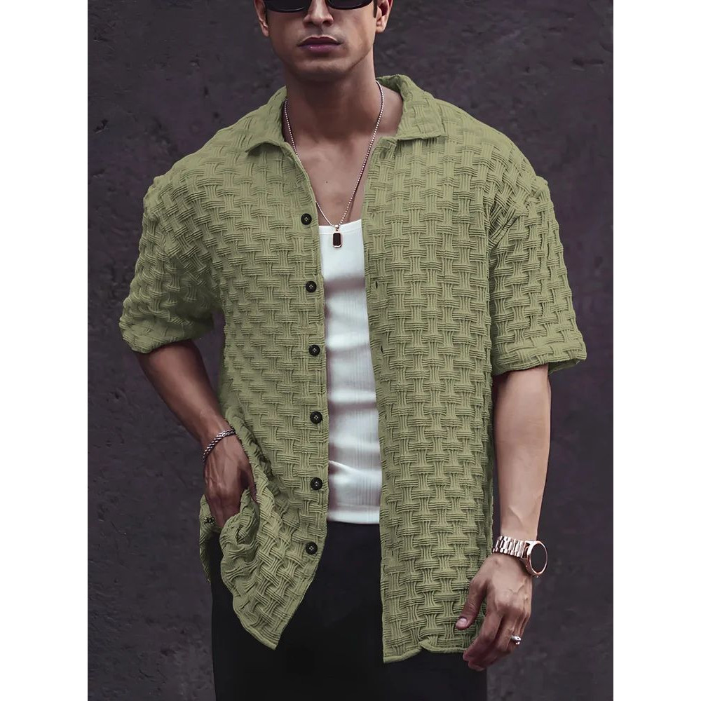 Stylish Green Cotton Blend Solid Three-Quarter Sleeves Casual Shirt For Men
