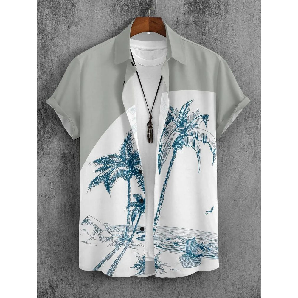 Lycra Beach Wear Grey and White Printed Shirt, Half sleeves