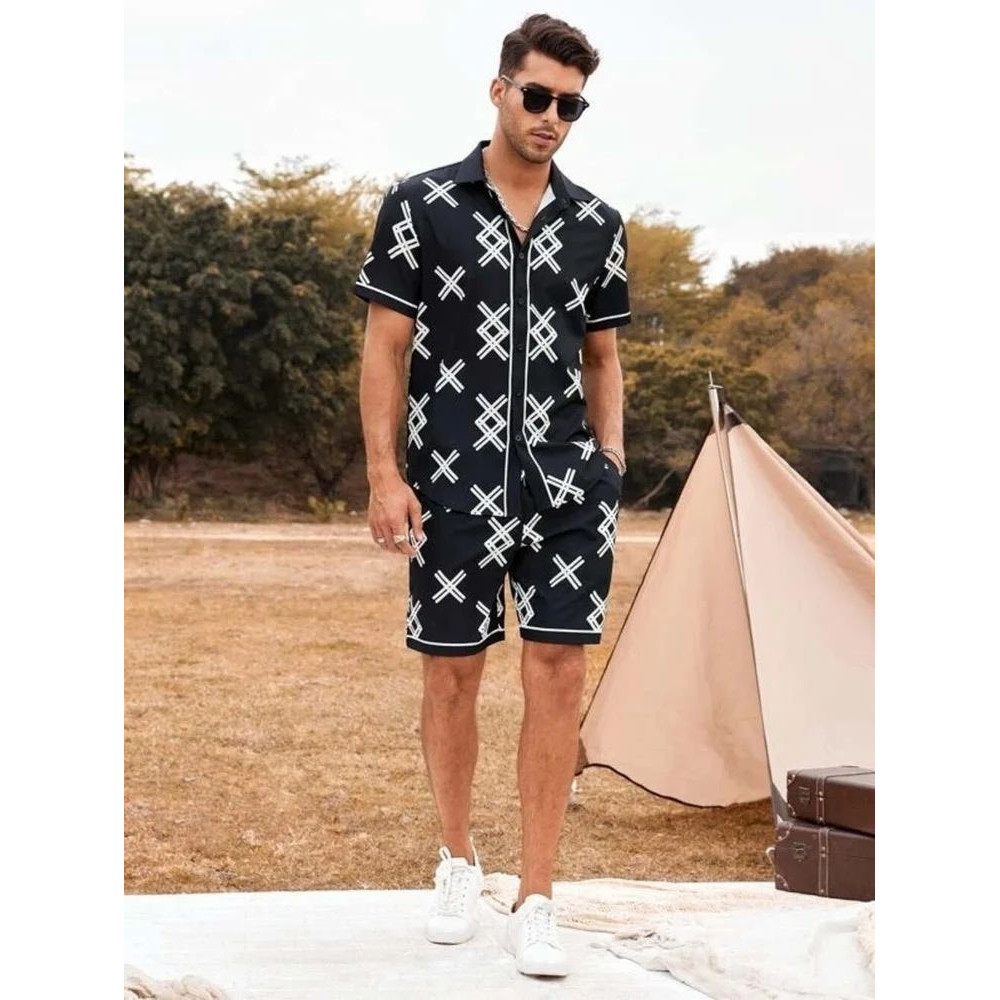 Lycra Men Black Printed Nightsuit Set