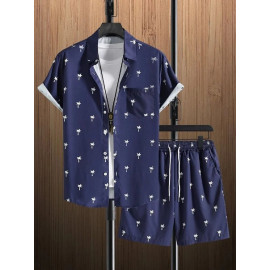 Nevy Blue Printed Mens Cotton Night Suits