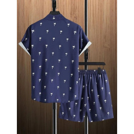 Nevy Blue Printed Mens Cotton Night Suits