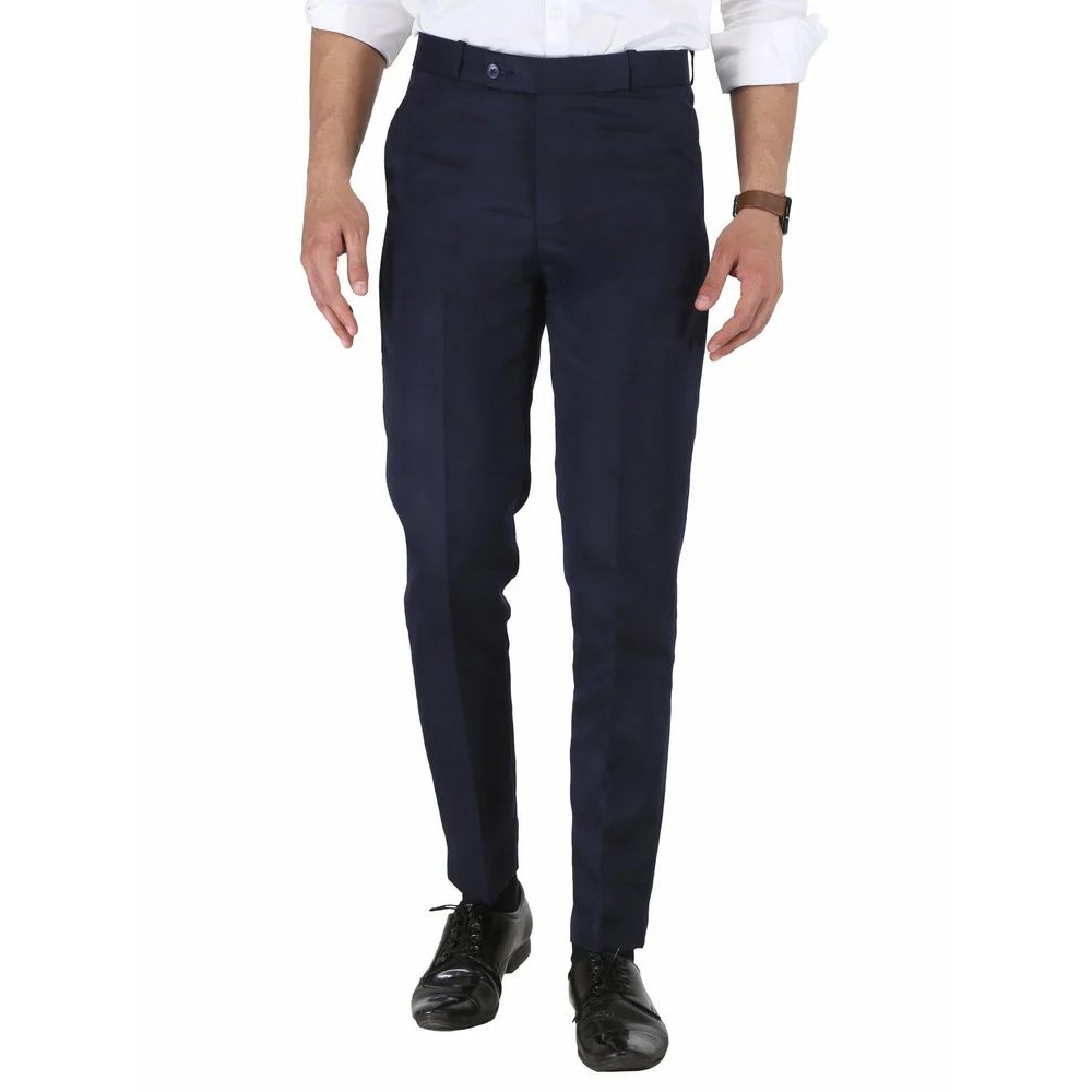 Solid Men Navy Blue Poly Viscose Formal Trouser, Regular Fit