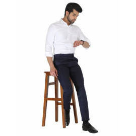 Solid Men Navy Blue Poly Viscose Formal Trouser, Regular Fit