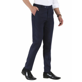 Solid Men Navy Blue Poly Viscose Formal Trouser, Regular Fit