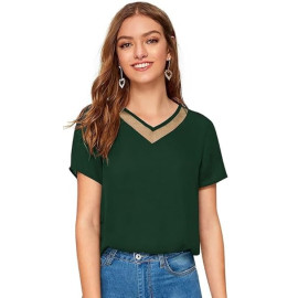 Women Western Insert V-Neck Green T-Shirt, Short Sleeve Tops for Woman