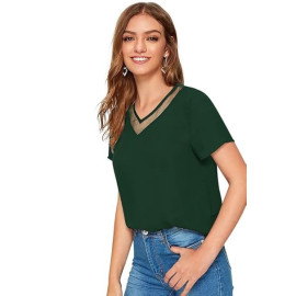 Women Western Insert V-Neck Green T-Shirt, Short Sleeve Tops for Woman
