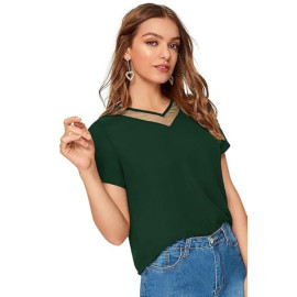 Women Western Insert V-Neck Green T-Shirt, Short Sleeve Tops for Woman
