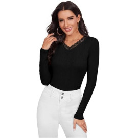 Women's Ribbed Block Long Sleeve Top, V-Neck with Lace Trim top for Women Stylish Western