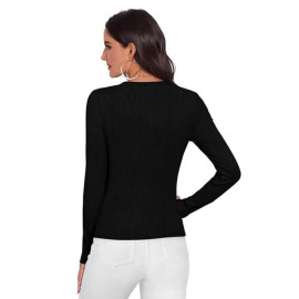 Women's Ribbed Block Long Sleeve Top, V-Neck with Lace Trim top for Women Stylish Western