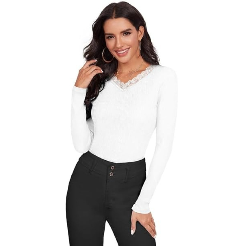 Women's Ribbed White Long Sleeve Top, V-Neck with Lace Trim top for Women Stylish Western