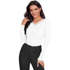Women's Ribbed White Long Sleeve Top, V-Neck with Lace Trim top for Women Stylish Western