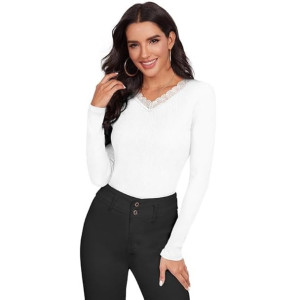 Women's Ribbed White Long Sleeve Top, V-Neck with ..