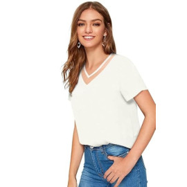Women Western Insert V-Neck White T-Shirt, Short Sleeve Tops for Woman