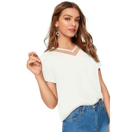 Women Western Insert V-Neck White T-Shirt, Short Sleeve Tops for Woman