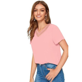 Women Western Insert V-Neck Pink T-Shirt, Short Sleeve Tops for Woman