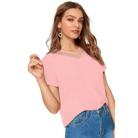 Women Western Insert V-Neck Pink T-Shirt, Short Sleeve Tops for Woman