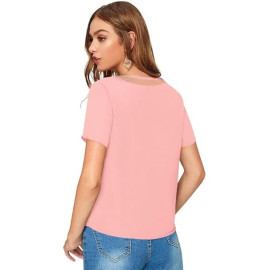 Women Western Insert V-Neck Pink T-Shirt, Short Sleeve Tops for Woman