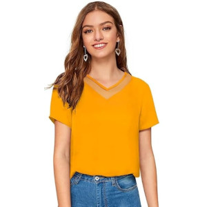 Women Western Insert V-Neck Yellow T-Shirt, Short ..