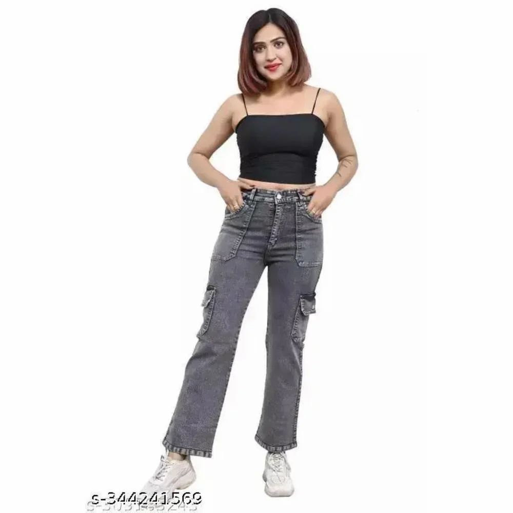 Womens Gray Denim Straight Fit Jeans