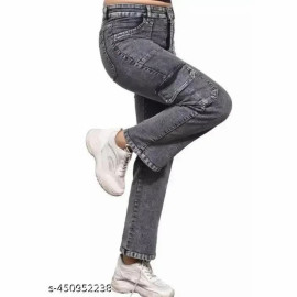 Womens Gray Denim Straight Fit Jeans