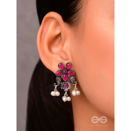 A Floral Fantasy' - Embellished Oxidised Earrings (Ruby Red)