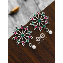 Steering My Own Ship' - Embellished Oxidised Earrings (Ruby-Emerald)