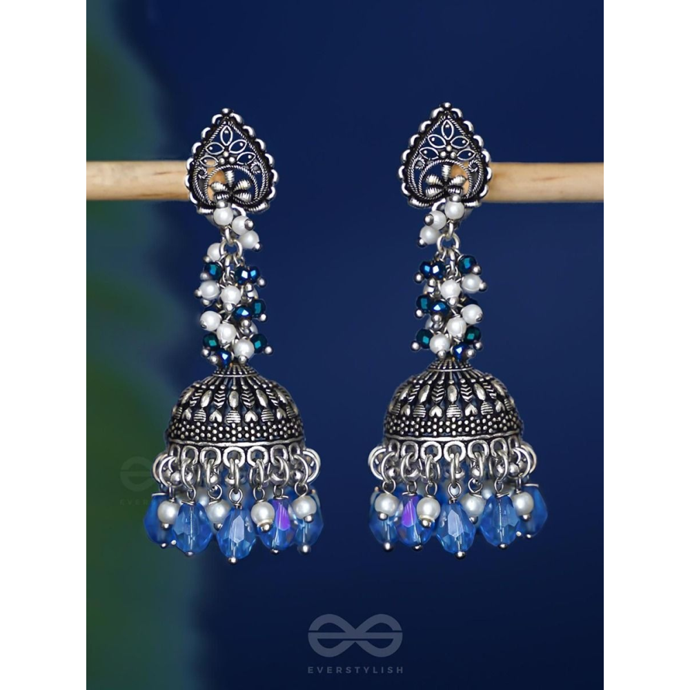 The Tinsel Swirls - Beaded Oxidised Jhumka Earrings (Blue)