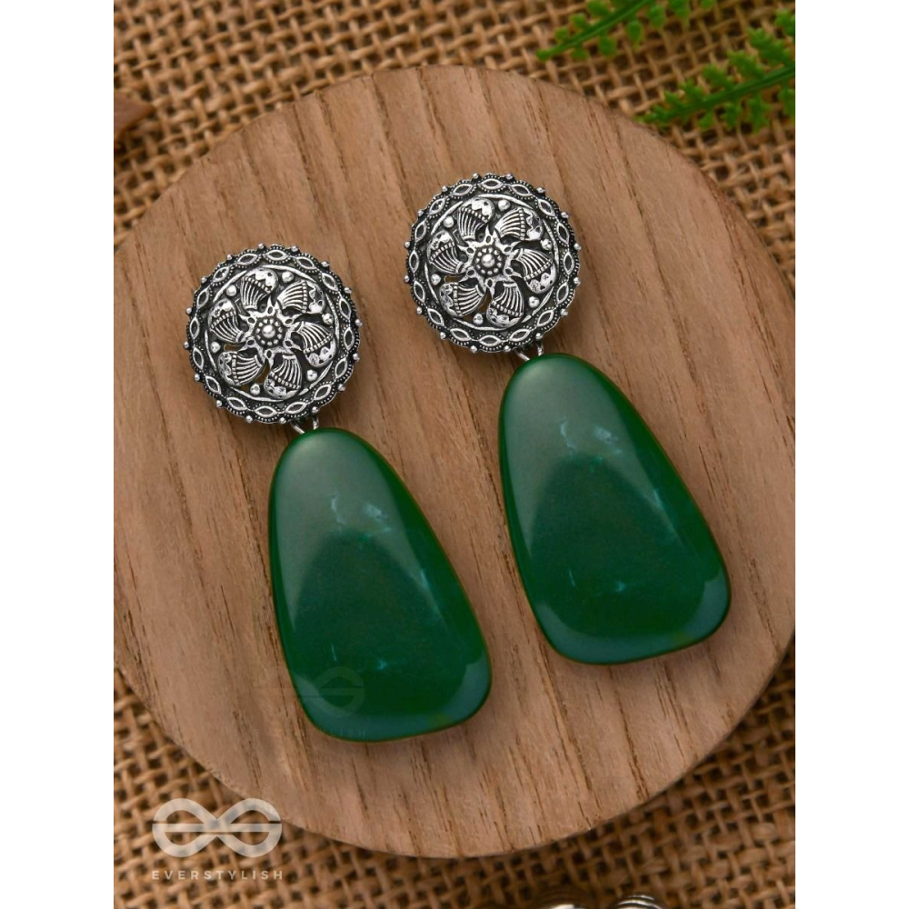 THE JADE ELEGANCE - OXIDISED JHUMKA EARRINGS