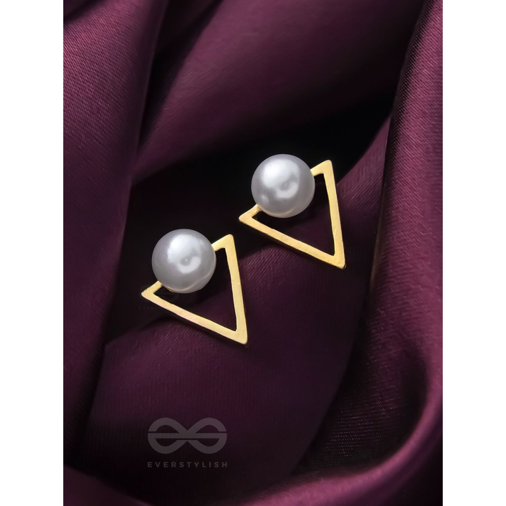 Gorgeous pearl embedded in golden triangle earrings