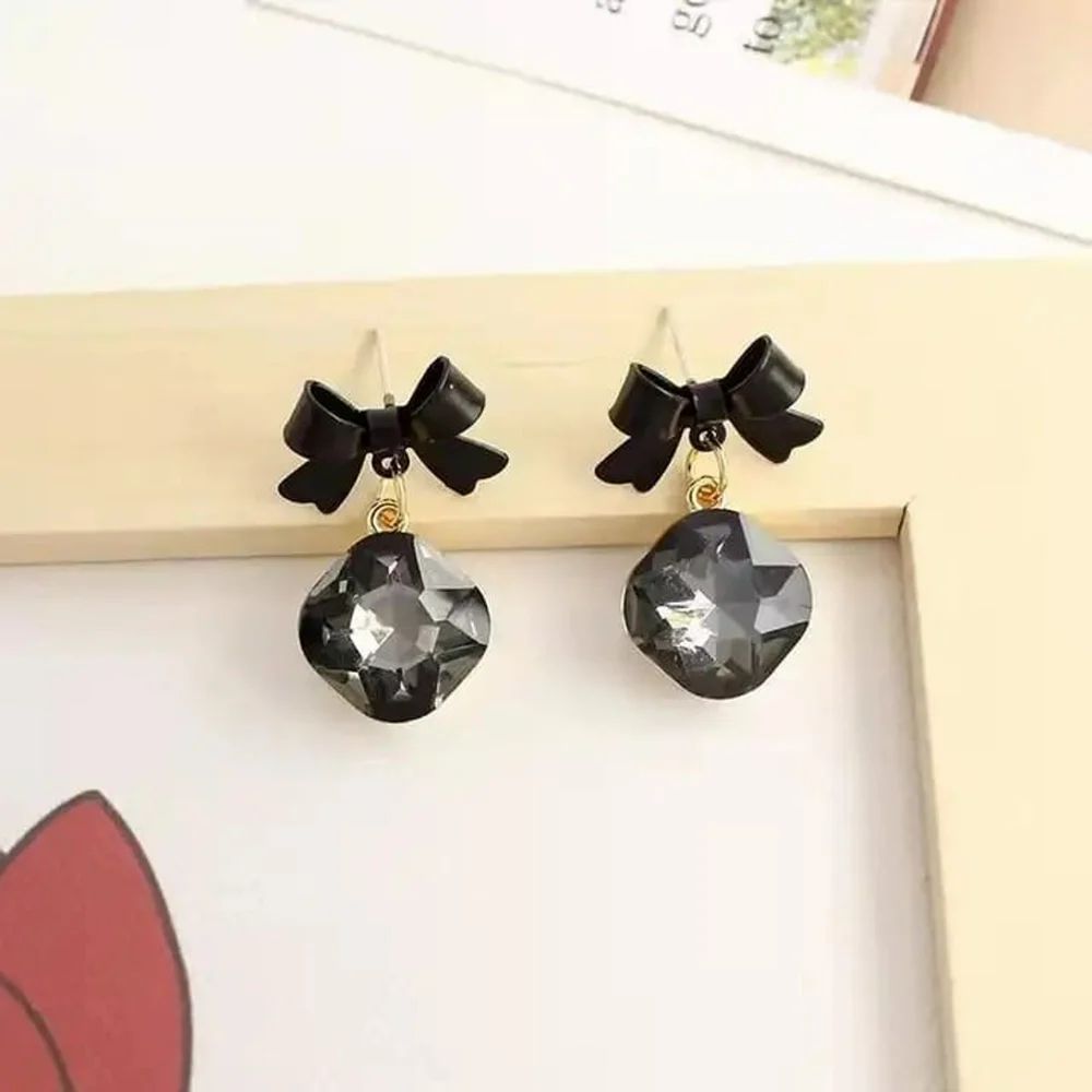 Bow Black Crystal Korean Earrings