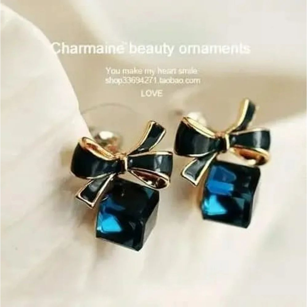 Blue Bowknot Cube Crystal Earring