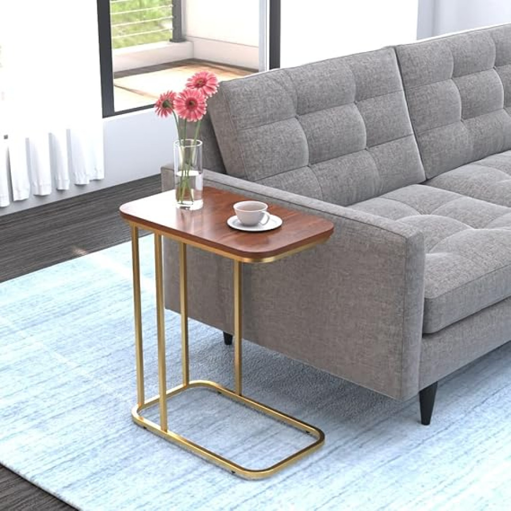 Premium Metal Side Table with Wooden Top | Elegant Golden Finish | Perfect for Living Room, Sofa Side or Bedside Stand