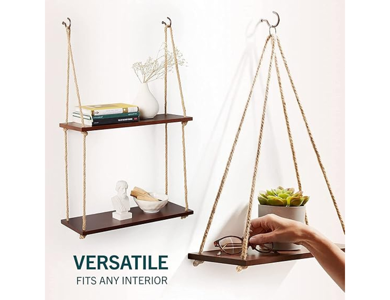 Stylish Adjustable Rope Hanging Shelf | Premium Wo..